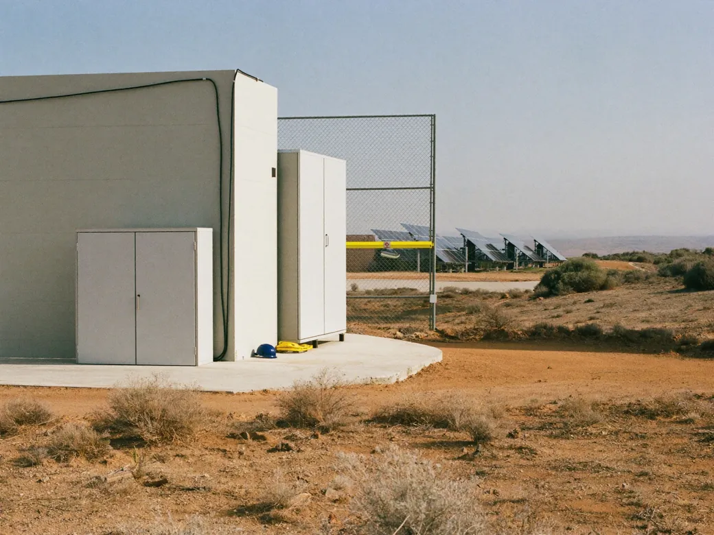 Gabinetes de baterías junto a la pared de una planta, con paneles solares al fondo