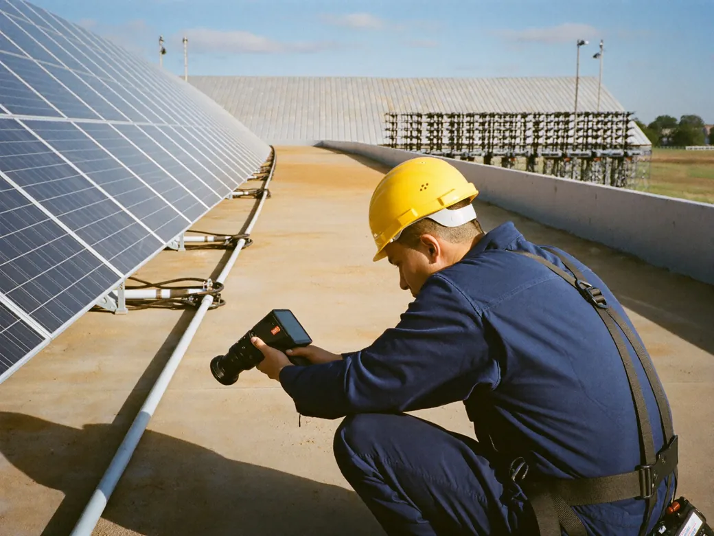 Técnico revisando con cámara térmica los paneles solares de una techumbre industrial