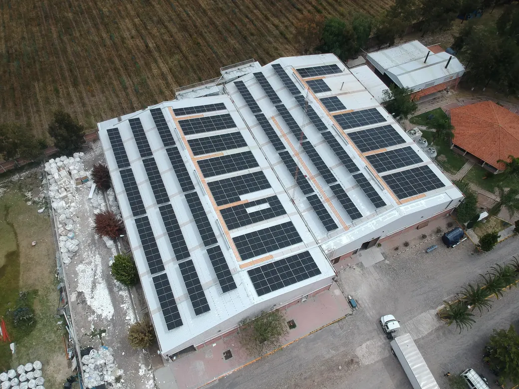 Naves de Plexa con las dos aguas del techo cubiertas de módulos solares, junto a los campos de cultivo